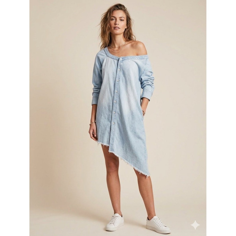 Zara Light Wash Denim Asymmetrical Off The Shoulder Shirt Dress Blue Lβ 8197/271